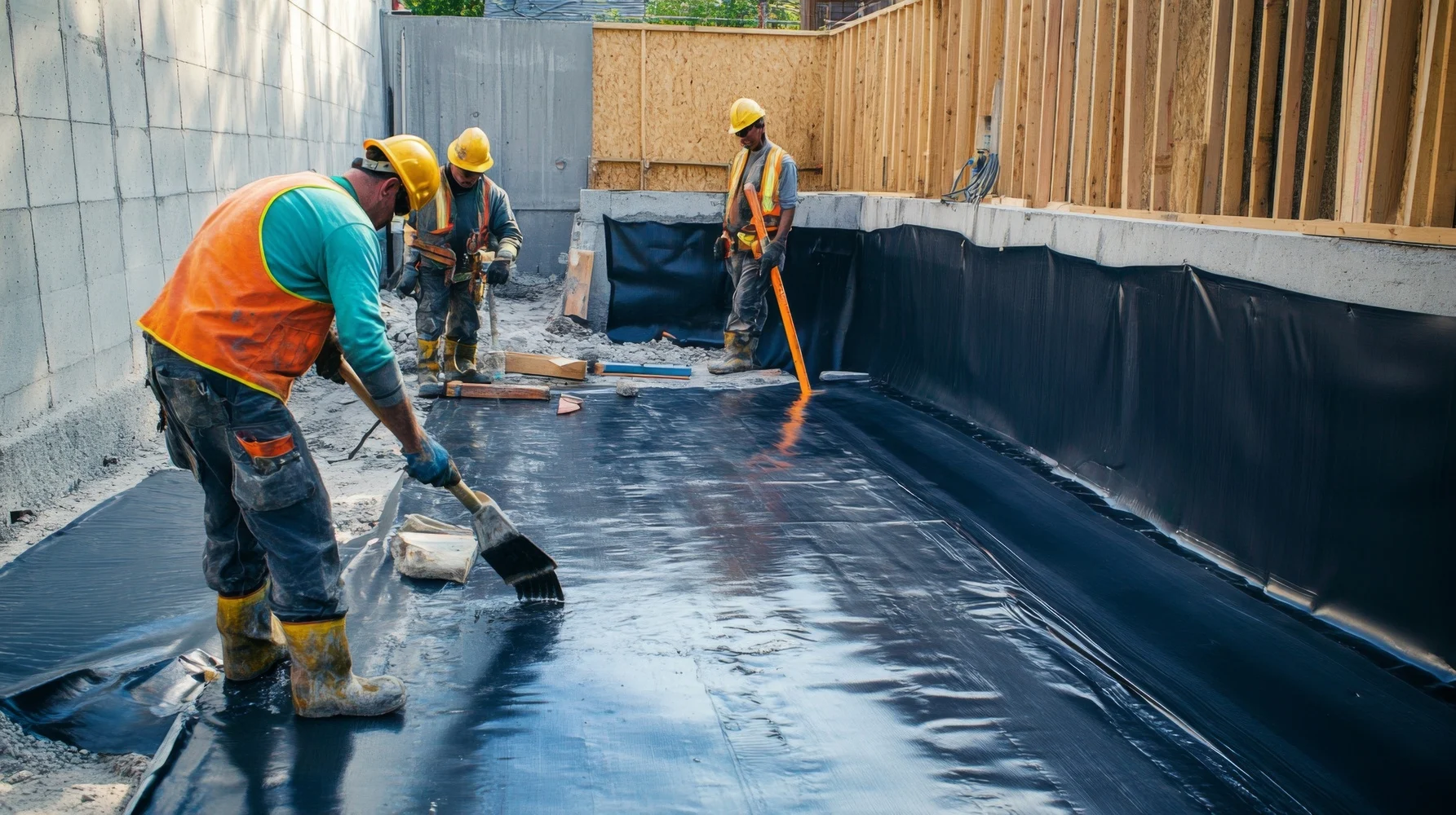 construction workers applying waterproofing membrane foundation 50 1 50
